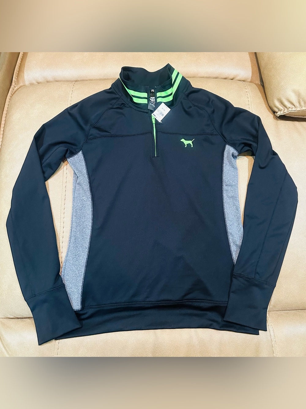 PINK Victoria's Secret Men’s Black Quarter-Zip Sweater with Neon Green Trim
